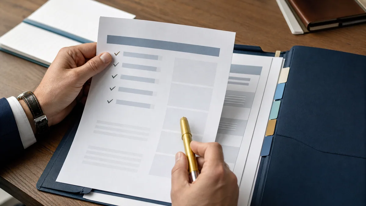 Eligibility requirements being checked against organized business documents.