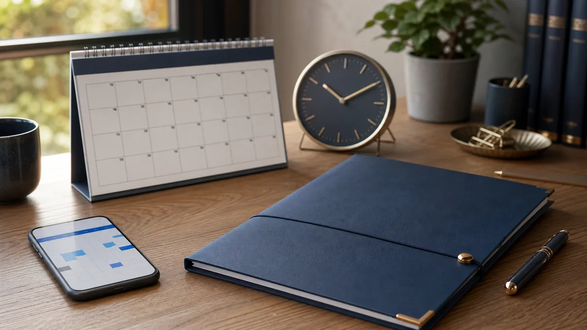 Calendar, clock, and application folder used to control a grant deadline.