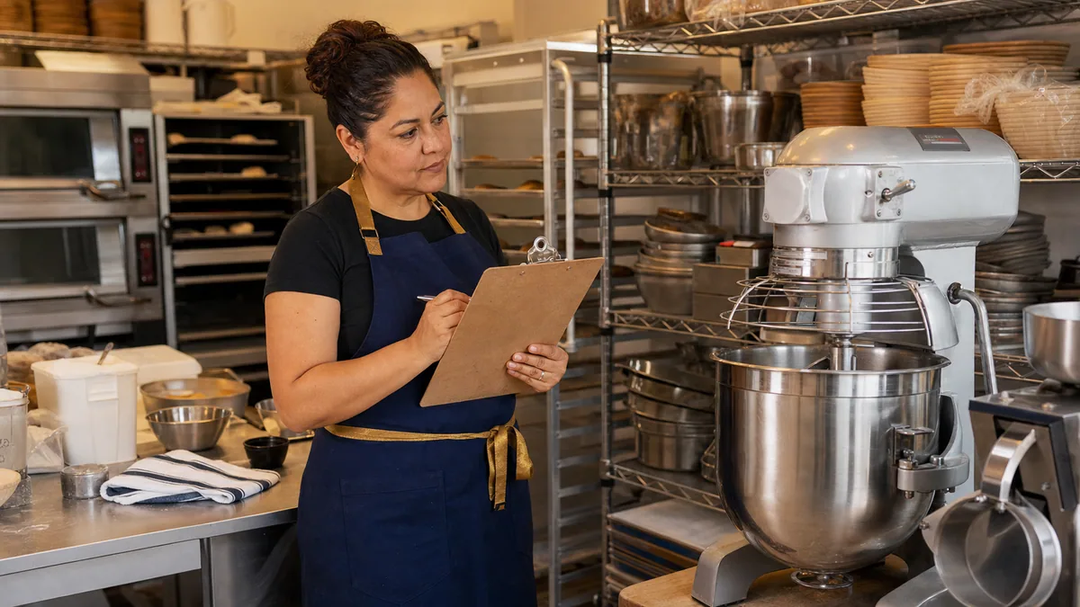 Bakery owner evaluating equipment costs for a grant use-of-funds plan.