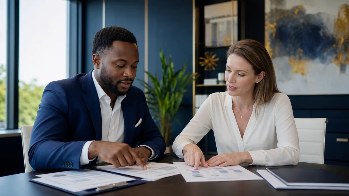 Two small-business partners reviewing grant budget line items together.