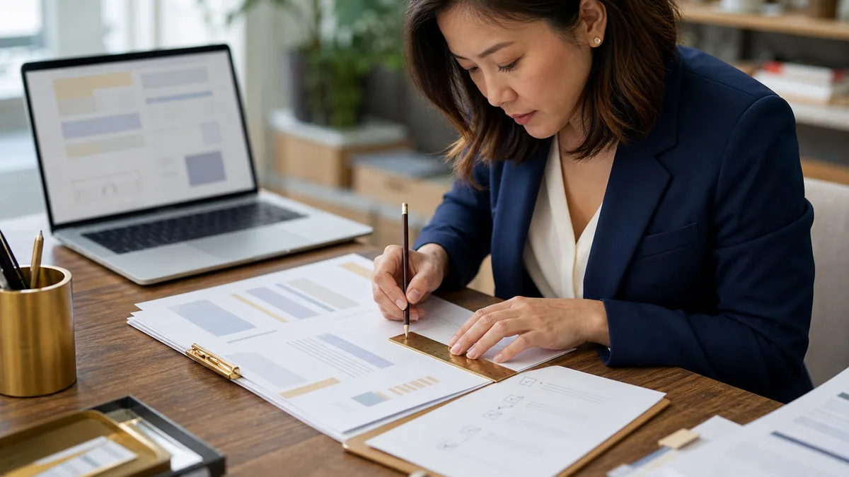 Entrepreneur editing a grant application against a final review checklist.