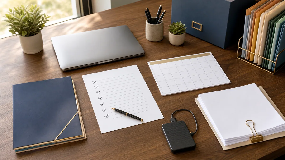 Organized proposal files, checklist, and calendar prepared for grant submission.