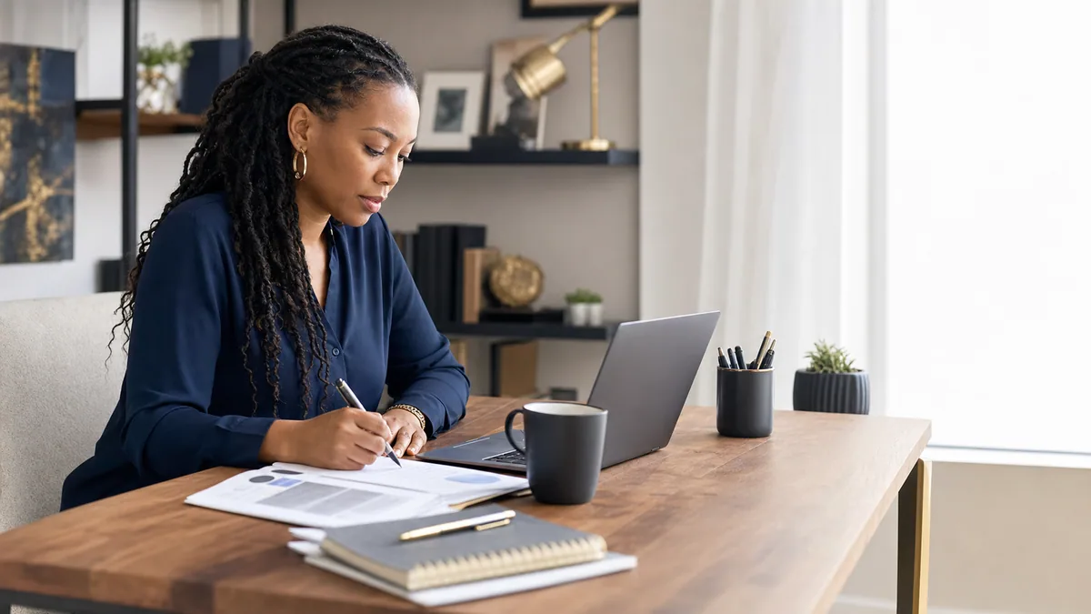 Business owner drafting a small-business grant proposal at an organized desk.