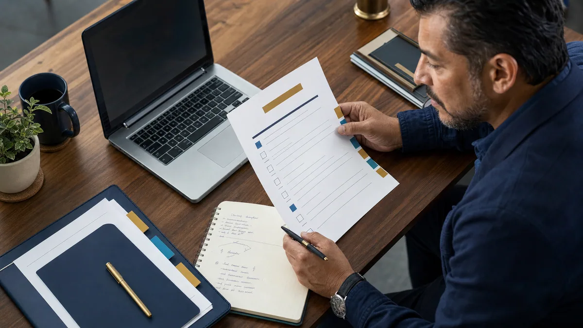 Small-business owner comparing grant requirements with an application checklist.